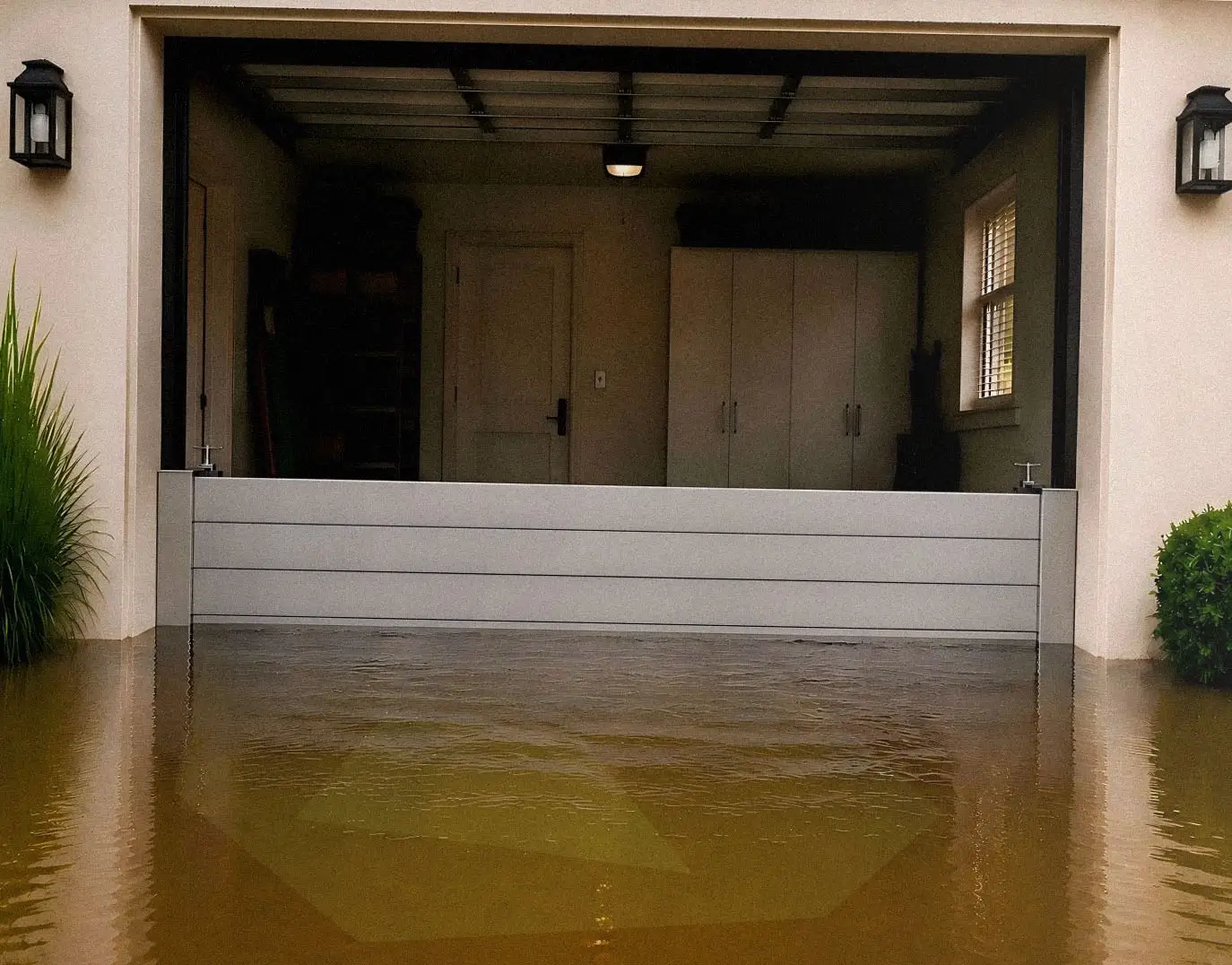 Flood barrier installed across a garage door